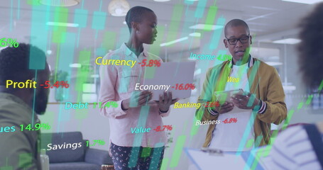 Image of data processing over diverse business people at office
