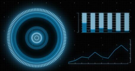 Image of rotating safe lock with graphs and data processing on black