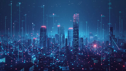 Modern city with wireless network connection and cityscape concept Wireless network and Connection technology concept with city background at night (2) - obrazy, fototapety, plakaty