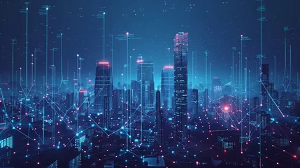 Foto op Aluminium Modern city with wireless network connection and cityscape concept Wireless network and Connection technology concept with city background at night (2) © Visual Craft