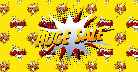 Vintage comic-style sale ad with "Huge Sale" on a speech bubble over a yellow background.