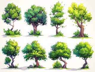 Collection of Stylized Ash Tree Illustrations Generative AI