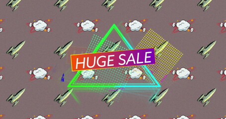 Vintage comic-style sale banner with retro elements on a brown background.