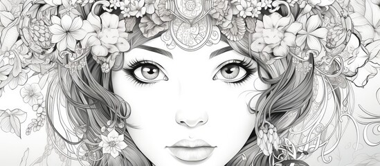 A monochrome artwork of a woman featuring a flower crown on her forehead. The drawing showcases delicate details on her cheek, eyebrow, eyelash, mouth, jaw, and iris, embodying a unique style