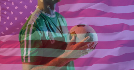 Image of caucasian male soccer player over flag of usa
