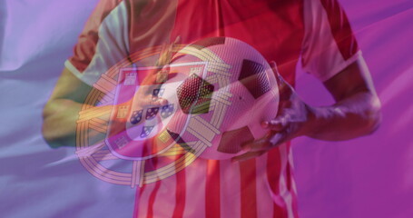 Image of caucasian male soccer player over flag of portugal