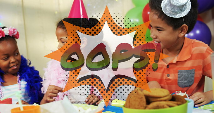 Oops! text in retro bubble at a kids' birthday party, vintage comic style.