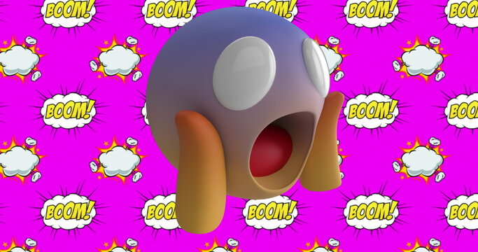 Image of surprised face emoji with the Boom! text written over cartoon retro speech bubbles on pink 