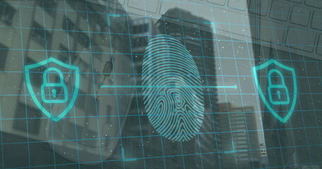 Image of fingerprint scanning and digital padlocks over cityscape