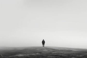 Solitary Figure in Vast Misty Field

