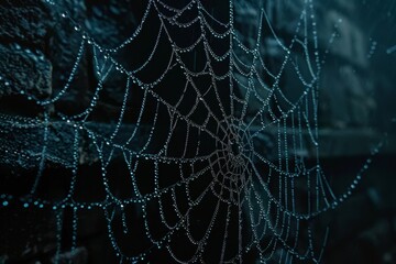 Spider Web with Dewdrops in Dark Ambiance
