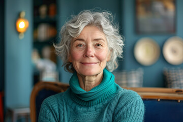 An old lady in a wool jumper smiling stting in the interior of a house in comfort relaxed - obrazy, fototapety, plakaty