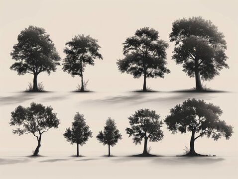 Collection of Contemporary Tree Illustrations on White Background Generative AI