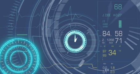 Image of clock, scope scanning and data processing on screen