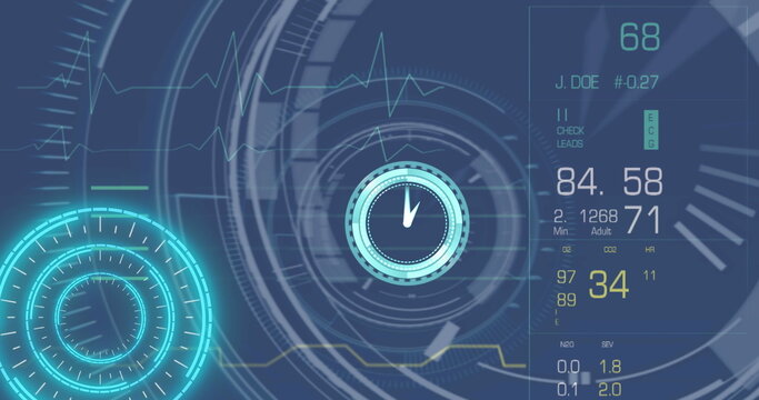 Image of clock, scope scanning and data processing on screen