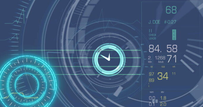 Image of clock, scope scanning and data processing on screen