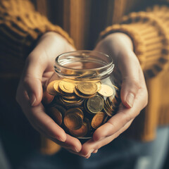 Close-up view of hands holding a clear jar brimming with golden coins, symbolizing savings and investment