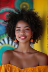 Close up portrait of a beautiful young african american black woman with afro hairstyle on colorful bold abstract background. Vertical poster for cafe, home decoration. Beautiful black young woman