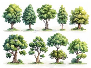 Contemporary Illustrations of English Walnut Trees on White Background Generative AI