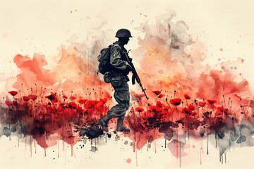 Silhouette of a Soldier Amidst a Field of Poppies: A Solemn Tribute to ANZAC Day, Memorial Day, and Remembrance Day