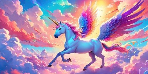 Unicorn flying on colorful clouds, beautiful fantasy white horse, magical background