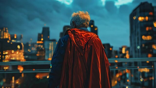 Back view of senior man in red cape and cloak looking at night city