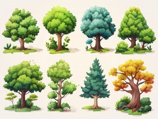 Collection of Stylized Mohwa Tree Illustrations Generative AI