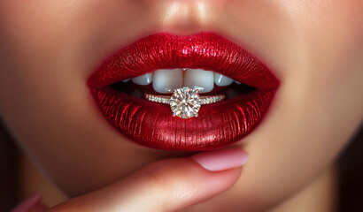 gold jeweled diamond ring in woman lips painted red lipstick closeup. Selfish mercantile girl escort