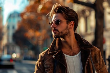 A man wearing a brown jacket and sunglasses is standing on a city street