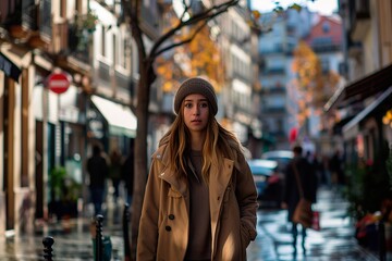 Fototapeta premium A woman wearing a brown coat and a hat stands in the rain