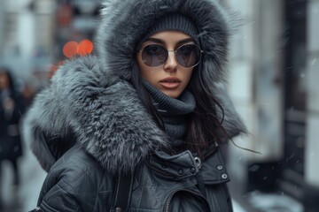 Fashionable young woman in a fur hood and sunglasses on a snowy city street
