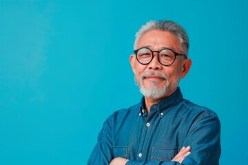 A man with glasses and a beard is standing in front of a blue wall - obrazy, fototapety, plakaty