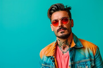 Fototapeta premium A man with a beard and tattoos is wearing a red shirt and blue jacket