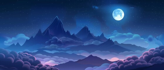 An illustration of high rocky mountains on hazy blue skies at night with a full moon rising behind cloudy clouds. Cartoon modern illustration of dark dusk landscapes with stone hill peaks, haze, and - obrazy, fototapety, plakaty