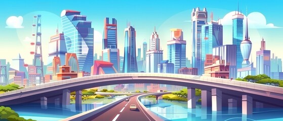 Modern city landscape with highway infrastructure and skyscrapers. Cartoon modern illustration of a viaduct bridge over the river leading to a modern city with multistorey buildings. - obrazy, fototapety, plakaty
