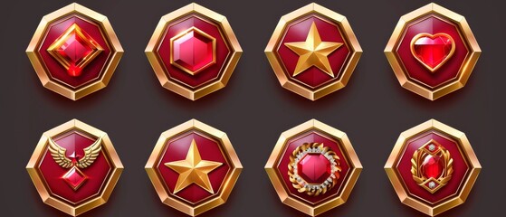 Set of military game rank buttons on a white background. Modern illustration of hexagonal shield badges with gemstone stars and wings. Winner award and success symbol.