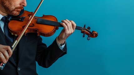Classic musical performance concept: elegant man in black suit playing violin against vivid blue background