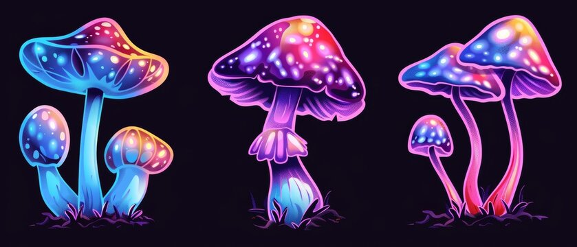The funky fly agaric mushroom is isolated on black background with neon colors. Contemporary modern illustration of a retro color retro fungus patch, vintage y2k design element for retrowave party
