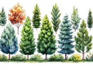 Modern Illustration Collection: Spruce Trees on White Background Generative AI