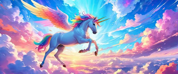 Unicorn flying on colorful clouds, beautiful fantasy white horse, magical background - obrazy, fototapety, plakaty