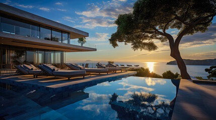 day lights Photograph an opulent villa escape: infinity pool vistas, panoramic landscapes, lavish interiors, elite amenities, secluded indulgence, sumptuous luxury, ultimate relaxation sanctuaries, - obrazy, fototapety, plakaty