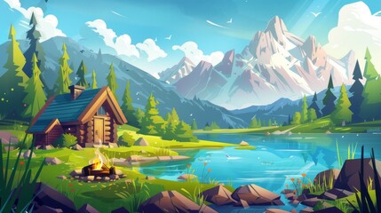 Landscape of rocky mountains and lake with wooden hut and campfire. Cartoon modern illustration of wood cottage near water pond for camping and outdoor recreation. - obrazy, fototapety, plakaty