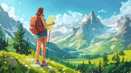 Modern cartoon illustration of a young woman hiking in a mountain valley. Beautiful green landscape, blue sky, summer vacation, outdoor recreation activity. - obrazy, fototapety, plakaty