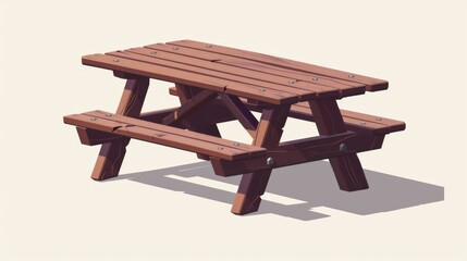 3D modern illustration set of dark wood patio furniture for barbecue or lunch outside. Dining table with long benches for camping.