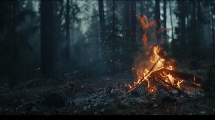 Naklejka premium Campfire in a dark forest setting at dusk. The fire is central, with sparks rising amidst the trees, creating a cozy atmosphere.
