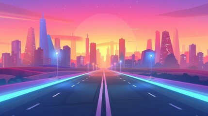 This is a cartoon modern landscape with asphalt highway with streetlights leading into the city. This is an urban skyline with skyscrapers and pink gradient sky at sunset or sunrise.