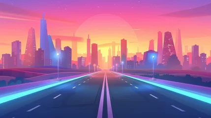 Stoff pro Meter This is a cartoon modern landscape with asphalt highway with streetlights leading into the city. This is an urban skyline with skyscrapers and pink gradient sky at sunset or sunrise. © Mark