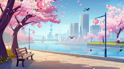 Fototapeta na wymiar An urban park alley in spring with benches, lanterns, pink cherry blossom trees, modern buildings on the opposite riverbank, and birds flying in blue sky. Modern cartoon illustration.