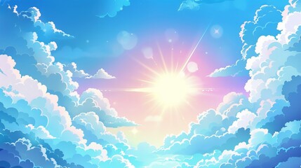 This modern cartoon illustration shows a beautiful heavenly gradient cloudscape against an aqua blue background, sunlight flares erupting in the air and a sunny day in the morning.
