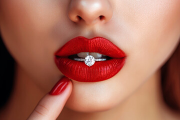Fototapeta premium gold jeweled diamond ring in a woman lips painted a red lipstick close up. Selfish mercantile girl escort
